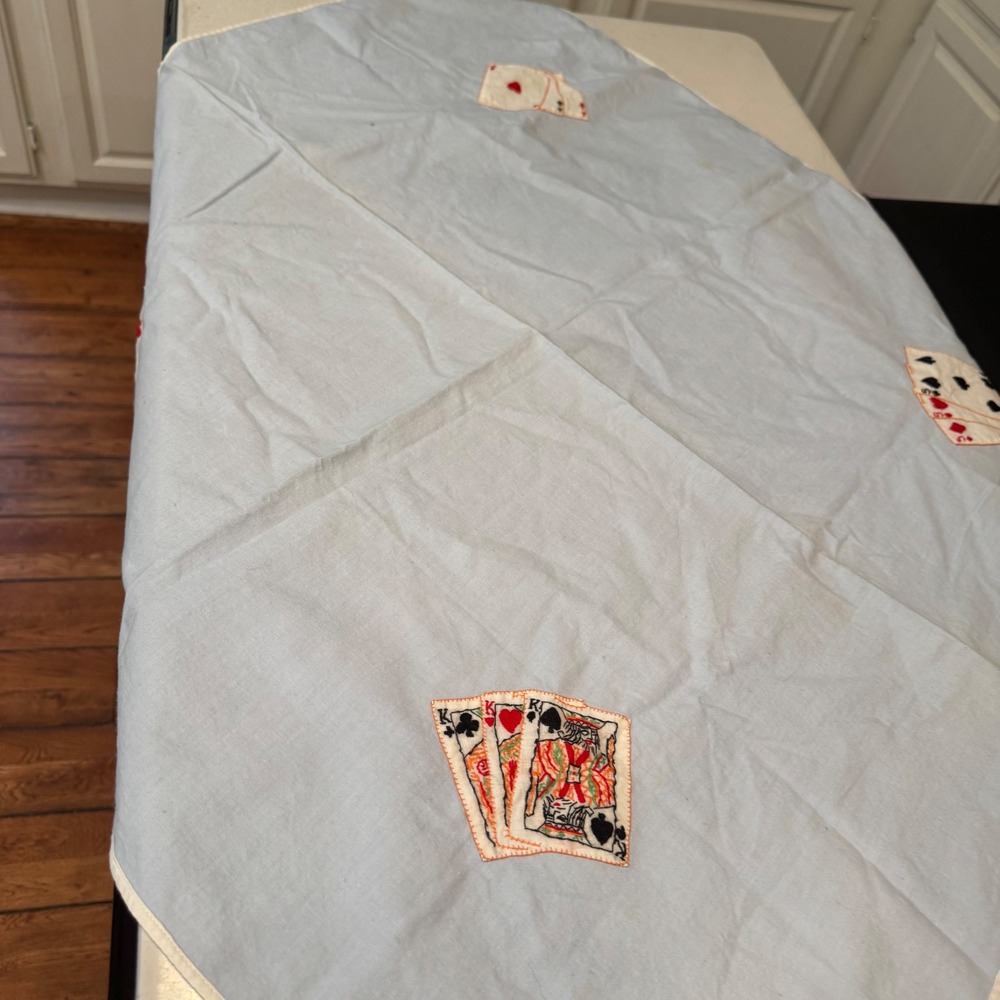 Vintage Bridge Table Cover Home 34x34 Blue Hand Embroidered Playing Cards Retro